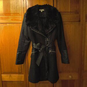 Via Spiga Black Wool Winter Coat with Faux Leather and Faux Fur Trim Size 12